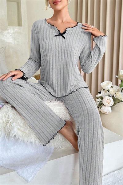 Bella Notte Gri Uzun Kollu Pamuklu Pijama Takımı 7093