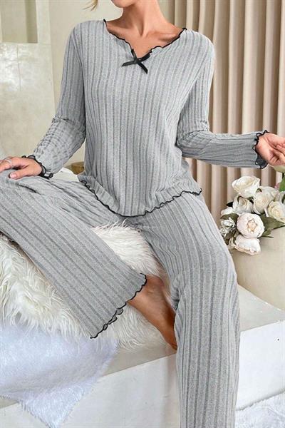 Bella Notte Gri Uzun Kollu Pamuklu Pijama Takımı 7093