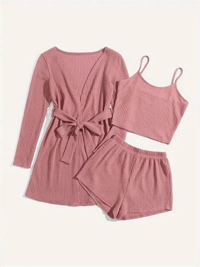 Bella Notte Gül Kurusu Pamuklu 3 Parça Sabahlık ve Pijama Takımı 7599