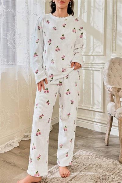 Bella Notte Kırık Beyaz Çiçek Desenli Pamuklu Pijama Takımı 7081
