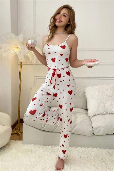 Bella Notte Kırmızı Pamuklu Kalp Baskılı İp Askılı Pijama Takımı 7173