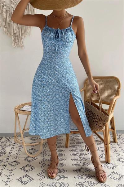 Bella Notte Mavi Bahar Yırtmaçlı Midi Elbise E-5502