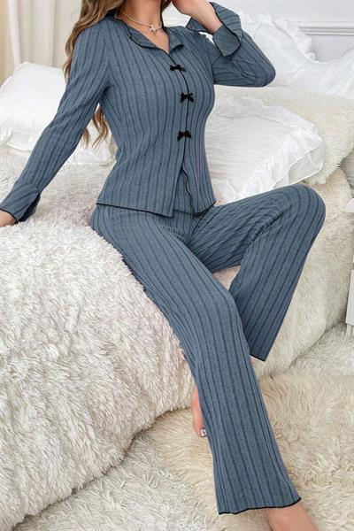 Bella Notte Mavi Uzun Kollu Pamuklu Pijama Takımı 7095