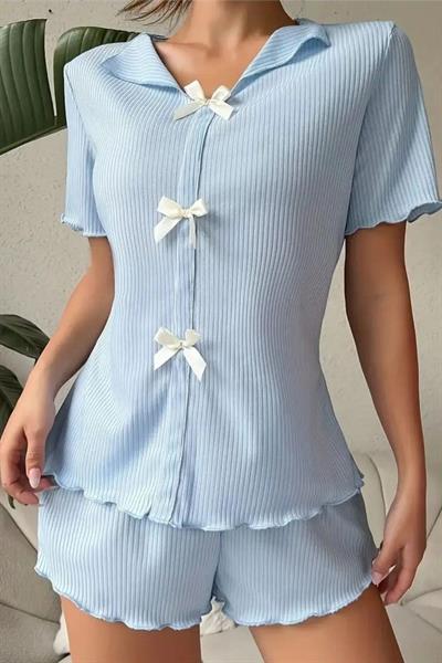 Bella Notte Mavi V Yaka Pamuklu Fiyonk Detaylı Pijama Takımı 7711