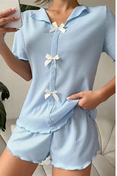 Bella Notte Mavi V Yaka Pamuklu Fiyonk Detaylı Pijama Takımı 7711