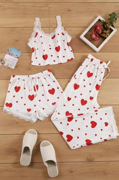 Bella Notte Pamuklu 3 Parça Kalp Desenli Pijama Takımı 7707