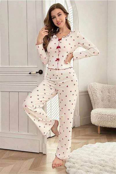 Bella Notte Pamuklu Kurdale Detaylı Kiraz Desenli Pijama Takımı 7135