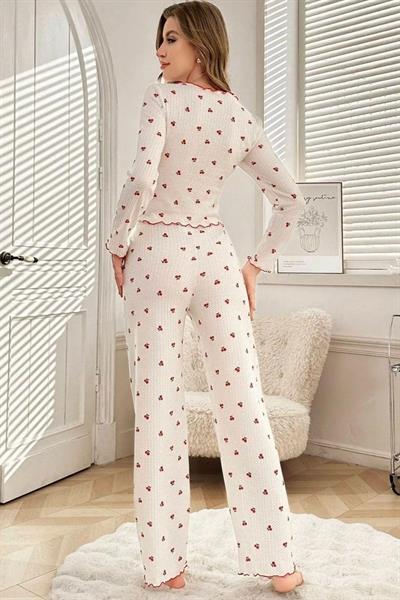 Bella Notte Pamuklu Kurdale Detaylı Kiraz Desenli Pijama Takımı 7135