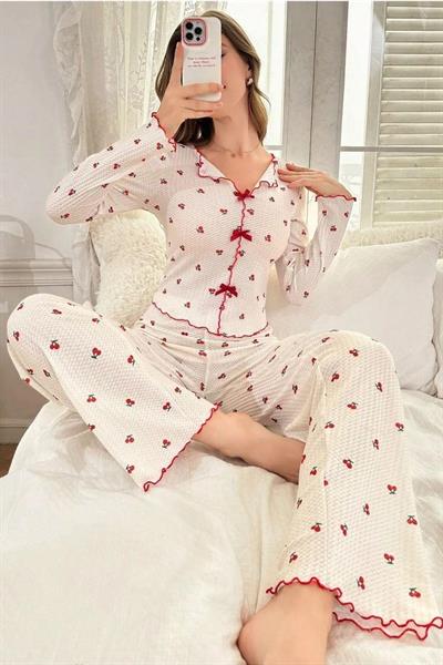 Bella Notte Pamuklu Kurdale Detaylı Kiraz Desenli Pijama Takımı 7135