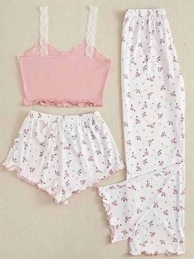 Bella Notte Pembe Çiçek Desenli 3lü Pijama Takımı 7705