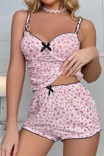 Bella Notte Pembe Çiçek Desenli Balenli Şort Takım 7521