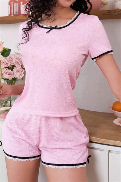 Bella Notte Pembe Dantel Kenarlı Kısa Kollu Şort Takım 7719