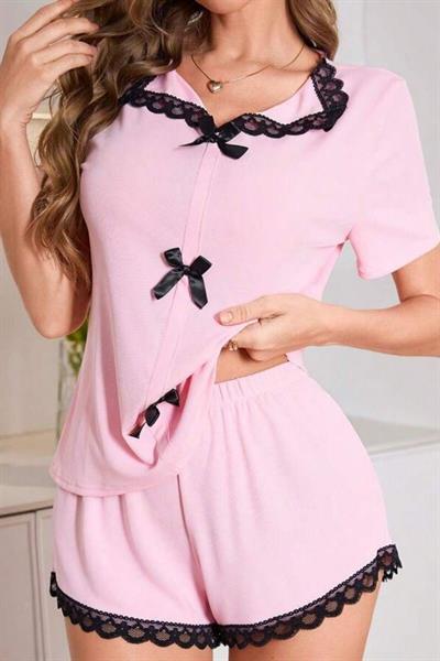 Bella Notte Pembe Dantel Yakalı Fiyonklu Şortlu Pijama Takım 7769