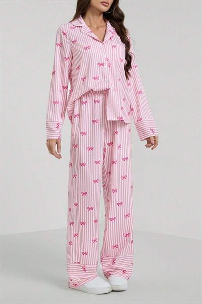 Bella Notte Pembe Fiyonk Baskılı Çizgili Pijama Takımı 77345
