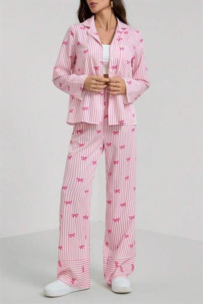Bella Notte Pembe Fiyonk Baskılı Çizgili Pijama Takımı 77345