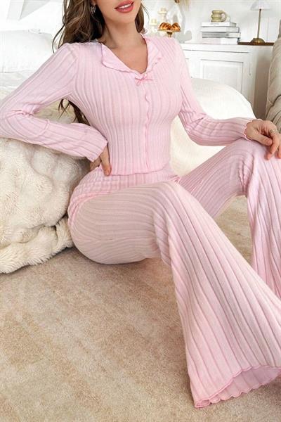 Bella Notte Pembe Fiyonk Detaylı Pamuklu Pijama Takımı 7097