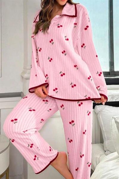 Bella Notte Pembe Kiraz Baskılı Cotton Pijama Takımı 77017
