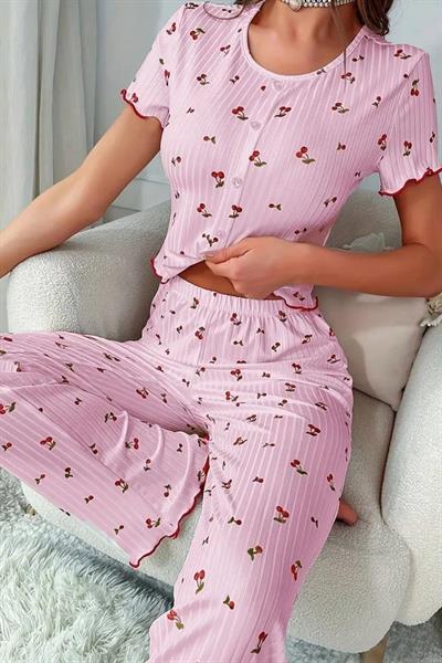 Bella Notte Pembe Kiraz Desenli Düğme Detaylı Pijama Takımı 77159