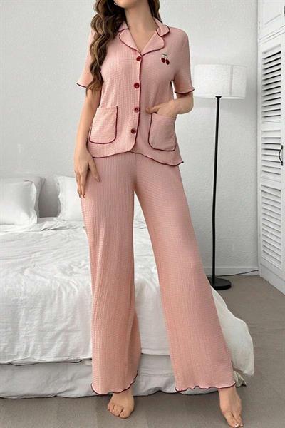 Bella Notte Pembe Kiraz Detaylı Cepli Pijama Takımı 7329