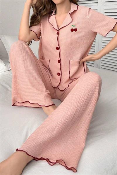 Bella Notte Pembe Kiraz Detaylı Cepli Pijama Takımı 7329