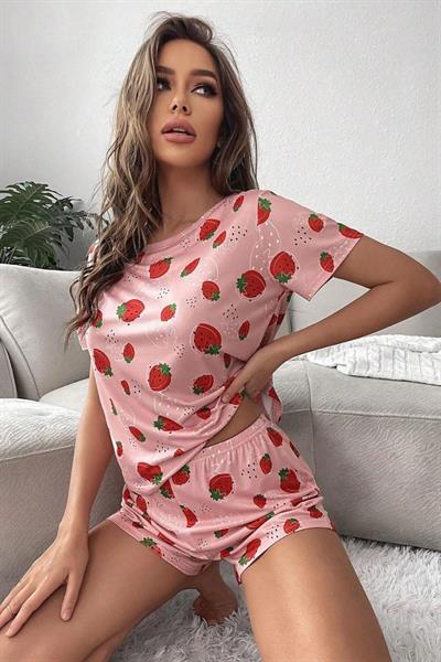 Bella Notte Pembe Tropikal Çilek Desenli Şort Takım 7535
