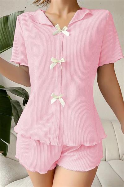 Bella Notte Pembe V Yaka Pamuklu Fiyonk Detaylı Pijama Takımı 7713