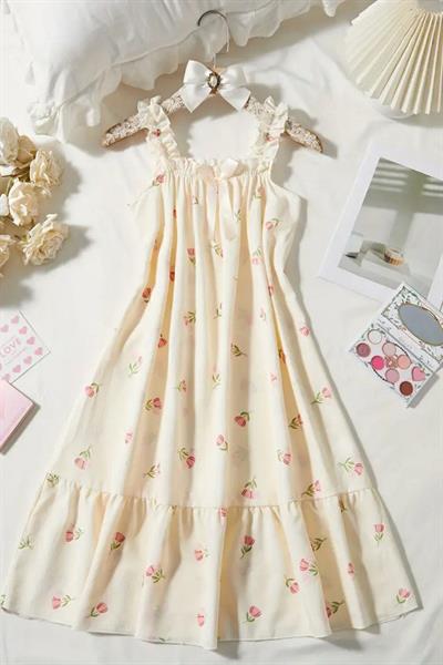 Bella Notte Sarı Lale Desenli Gecelik Elbise 35525