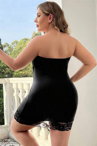 Bella Notte Siyah Büyük Beden Dekolteli Mini Elbise FN-5011