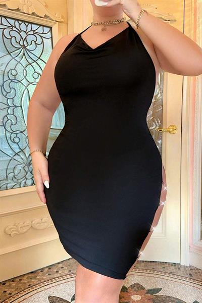 Bella Notte Siyah Büyük Beden Zincirli Mini Elbise FN-5014
