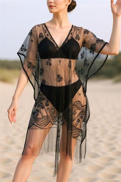 Bella Notte Siyah Düz Renk Püsküllü Pareo P-3009