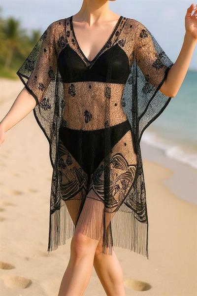 Bella Notte Siyah Düz Renk Püsküllü Pareo P-3009