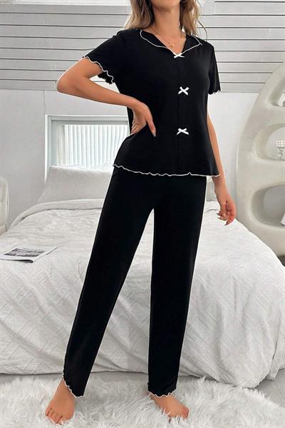 Bella Notte Siyah Kısa Kollu Fiyonk Detaylı Pamuklu Pijama Takımı 7105