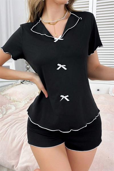 Bella Notte Siyah Pamuklu Beyaz Kurdale Detaylı Şortlu Pijama Takımı 7575