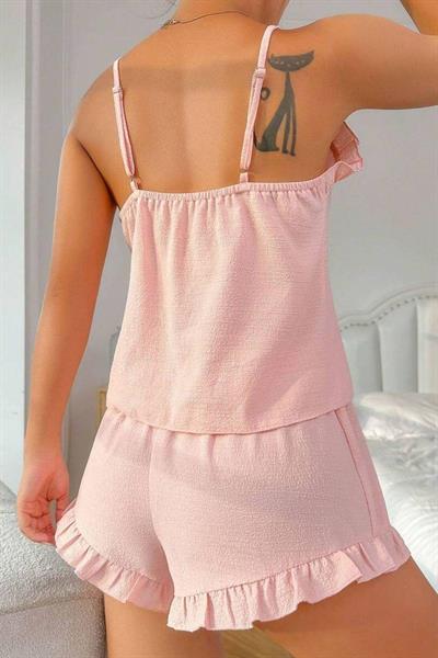 Bella Notte Toz Pembe Fırfır Yakalı Askılı Şort Takım 7727