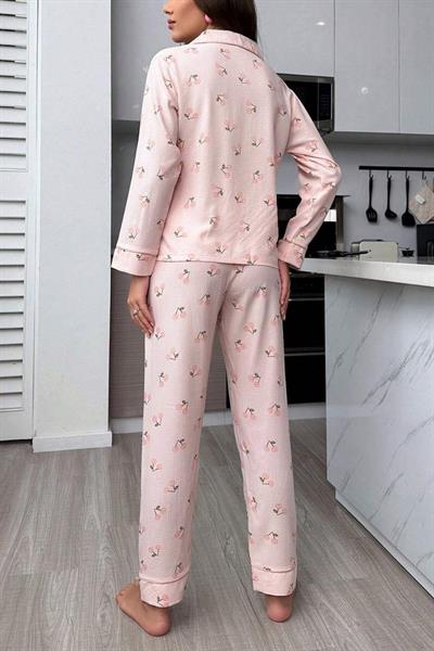 Bella Notte Toz Pembe Sonbahar Kirazları Soft Pijama Takımı 7039