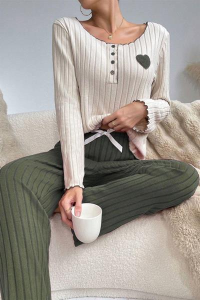 Bella Notte Yeşil Pamuklu Kalp Detaylı Pijama Takımı 7089