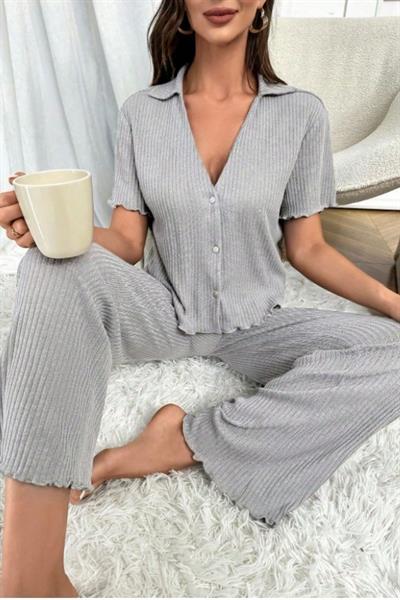 Bella Notte Gri Kısa Kollu V Yaka Pamuklu Pijama Takımı 7115