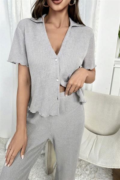 Bella Notte Gri Kısa Kollu V Yaka Pamuklu Pijama Takımı 7115