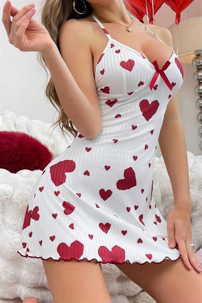 Bella Notte Kalp Desenli Pamuklu Mini Gecelik 15931