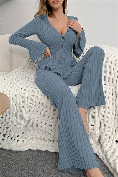 Bella Notte Mavi Düğmeli Uzun Pijama Takım 7113