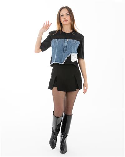 MSS-T4584 Denim Detaylı Crop Tişört