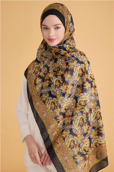 Belli Fresh Etnik Desen Siyah Sarı Tela Şal 2 - 07