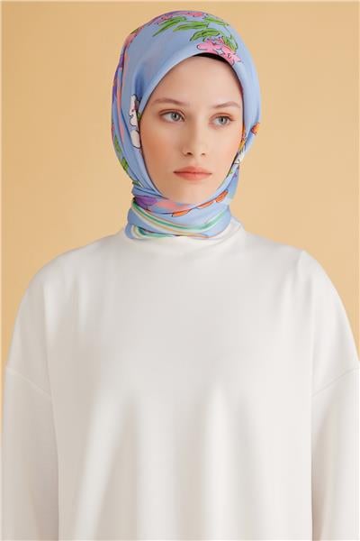 Belli Fresh Çiçek Desen Mavi Pure Eşarp 1 - 01