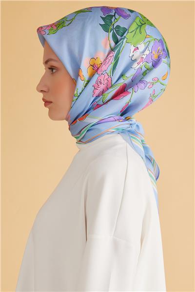 Belli Fresh Çiçek Desen Mavi Pure Eşarp 1 - 01