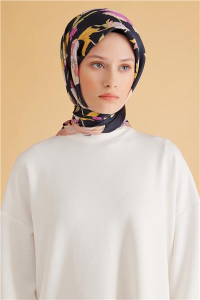 Belli Fresh Çiçek Desen Siyah Pure Eşarp 2 - 05