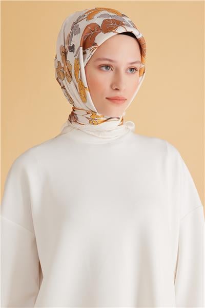 Belli Fresh Çiçek Desen Beyaz Taba Pure Eşarp 1 - 14