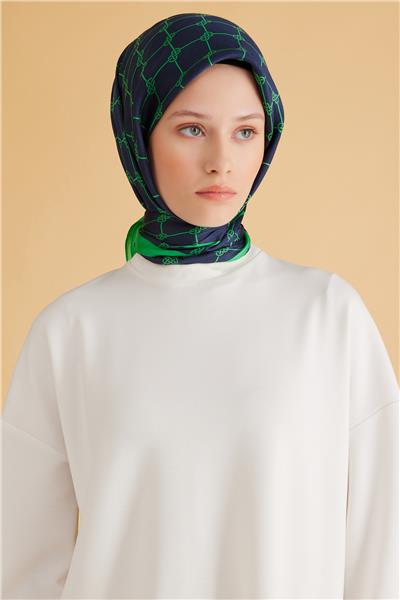 Belli Fresh Geometrik Desen Lacivert Yeşil Pure Eşarp 7 - 31