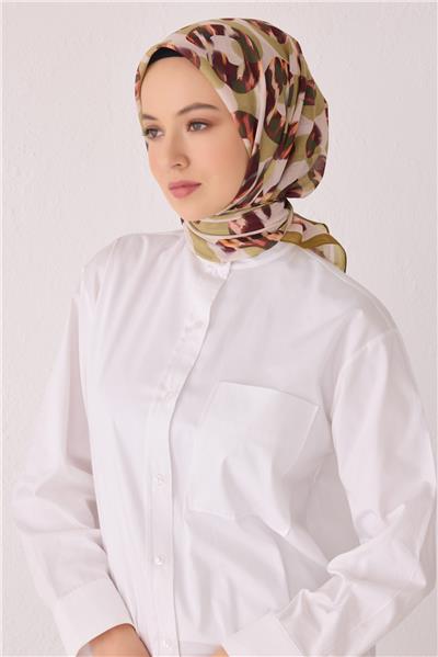 BELLİ GEOMETRİK DESEN TELA ZEYTİN HARDAL EŞARP 1020