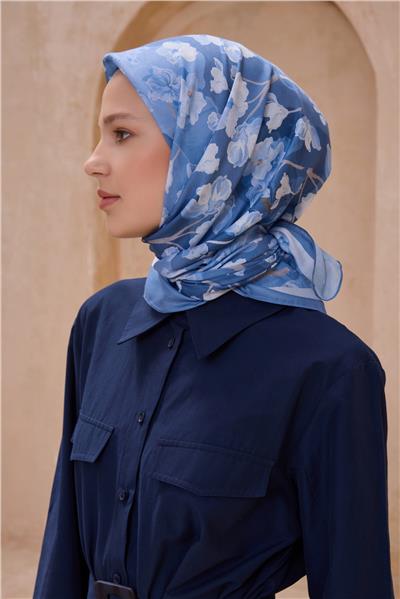 BELLİ ÇİÇEK DESEN PREMIUM SOFT MAVİ EŞARP 7