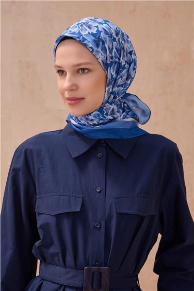 BELLİ ÇİÇEK DESEN PREMIUM SOFT MAVİ EŞARP 11